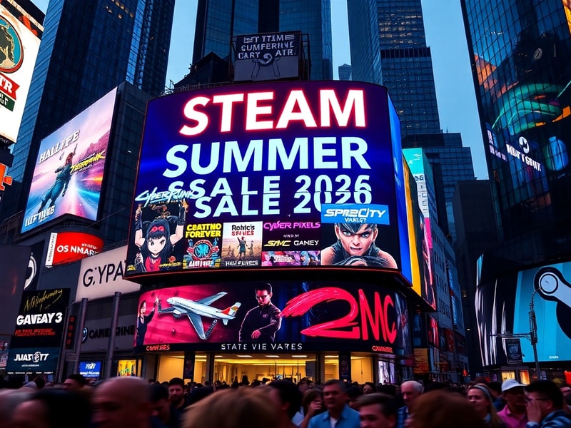 A vibrant digital collage showing diverse gamers around the world celebrating Steam Summer Sale 2026, with screens displaying