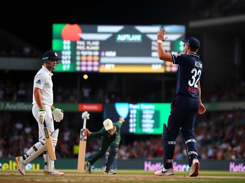 A wide-angle shot of Edgbaston stadium during the ODI between New Zealand and England, showing players in action with the sco