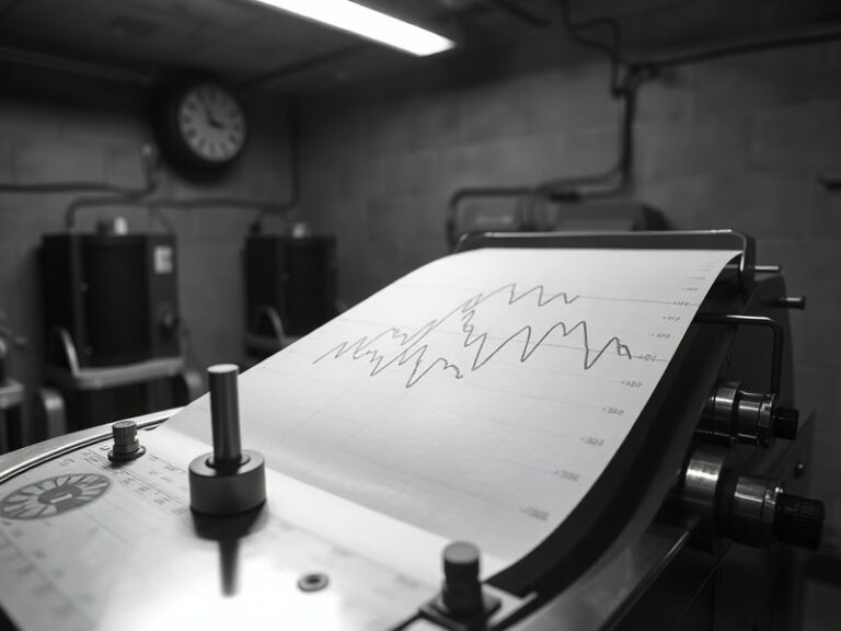 A cross-sectional illustration of Earth showing seismic wave paths bending through different layers, with a seismometer on th
