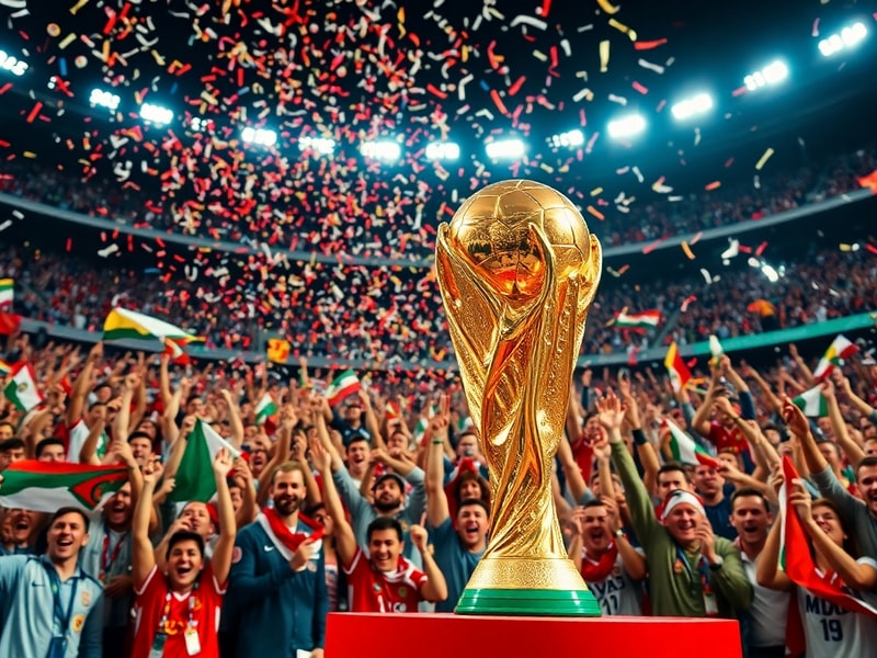 A vibrant stadium packed with cheering fans under floodlights, displaying flags from multiple nations. The field is alive wit