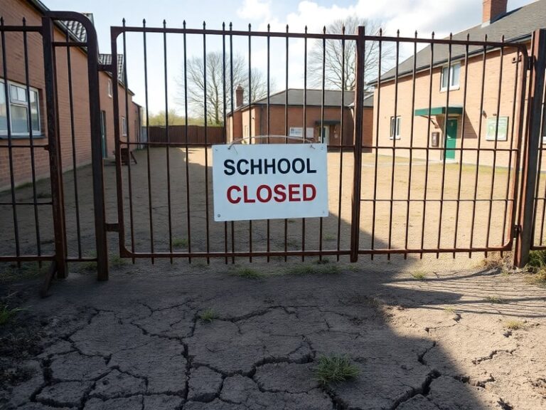 A sun-drenched playground outside a closed Welsh school, with empty classrooms visible through windows. The scene includes wi