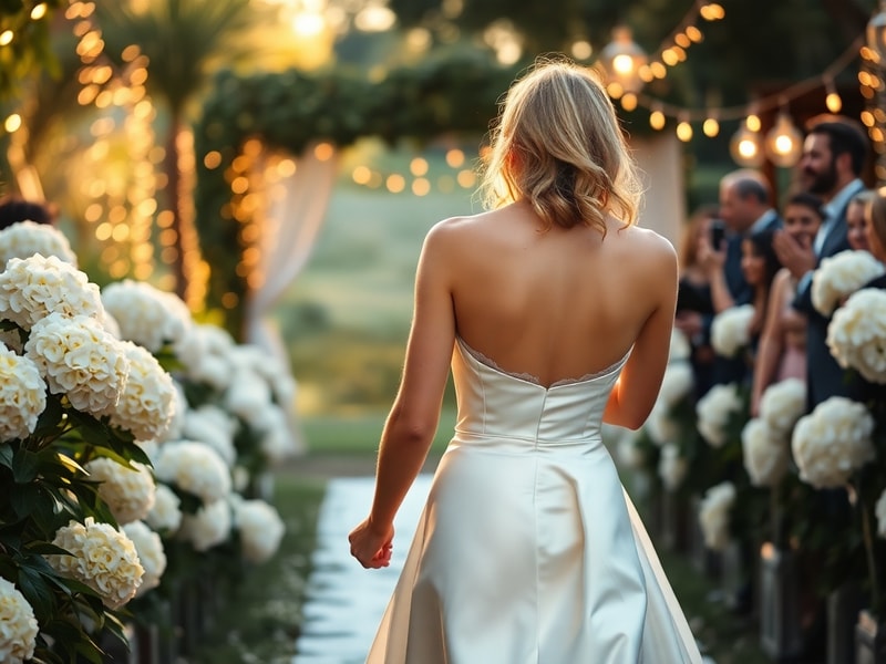 Aerial view of a luxurious beachfront wedding venue in Rio de Janeiro at sunset, with a grand arch decorated in white and gol