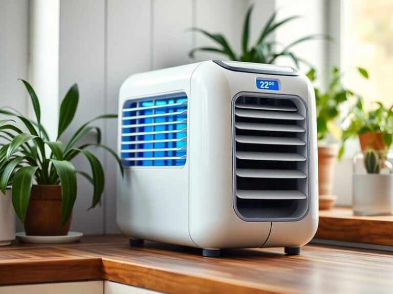 A sleek ALDI Budget Air Cooler placed on a wooden table in a sunlit room, with a digital display glowing and water droplets v