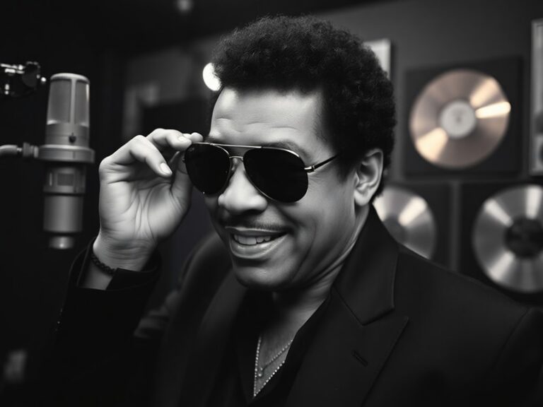 A vibrant concert photo of Lionel Richie performing on stage in a colorful suit, mid-song with a microphone, surrounded by a