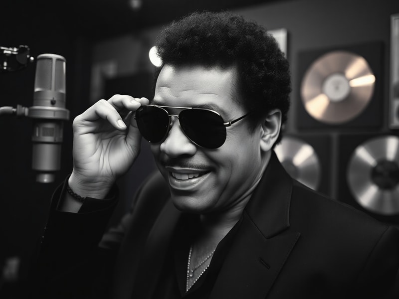 A vibrant concert photo of Lionel Richie performing on stage in a colorful suit, mid-song with a microphone, surrounded by a