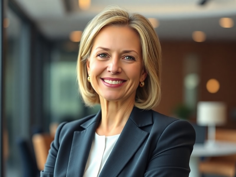 A professional portrait of Marianne Lake in a modern office setting, dressed in business attire, with a city skyline visible