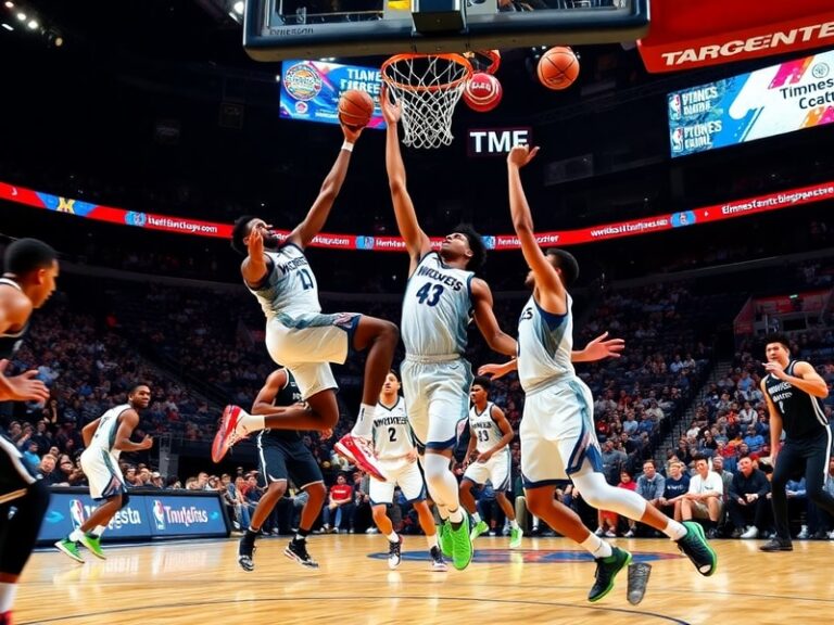 A dynamic action shot of the Minnesota Timberwolves players on the court, featuring Anthony Edwards mid-dunk and Karl-Anthony