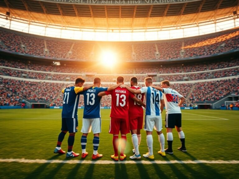 A vibrant stadium filled with fans waving flags from multiple nations during a World Cup match, with the 2026 logo visible on
