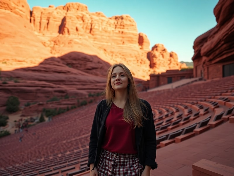 Ella Langley performing solo on Red Rocks Amphitheatre stage at sunset, with sandstone formations behind her and a small audi