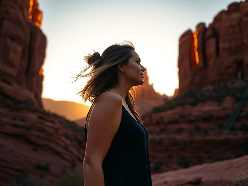 A vibrant concert scene at Red Rocks Amphitheatre during sunset, with Ella Langley playing her violin on stage, surrounded by