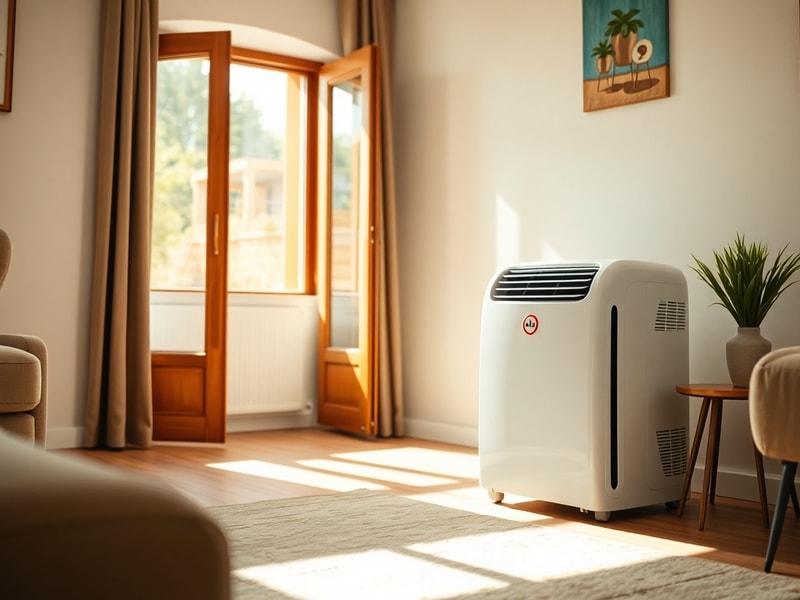 A compact Lidl portable air conditioning unit installed in a small bedroom with a window vent hose, set against a summer heat