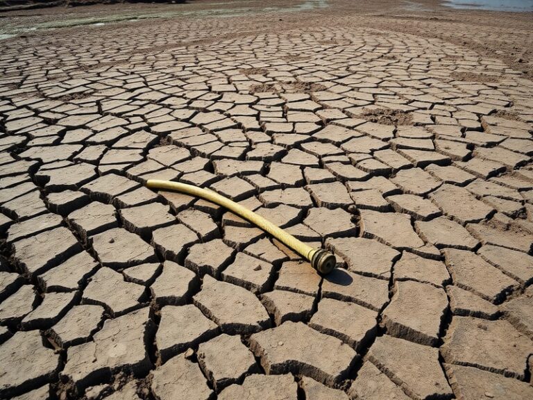 A close-up of a garden hose coiled on dry, cracked soil with a yellow hosepipe ban notice in the background. The scene is bat