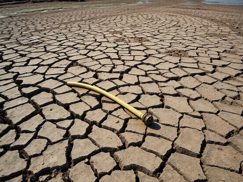 A close-up of a garden hose coiled on dry, cracked soil with a yellow hosepipe ban notice in the background. The scene is bat
