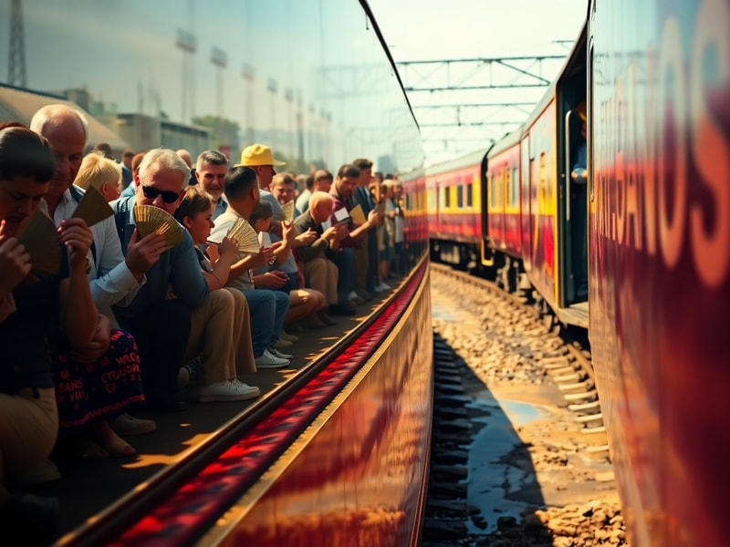 A crowded Birmingham New Street station platform during a heatwave, with passengers fanning themselves under yellow warning s