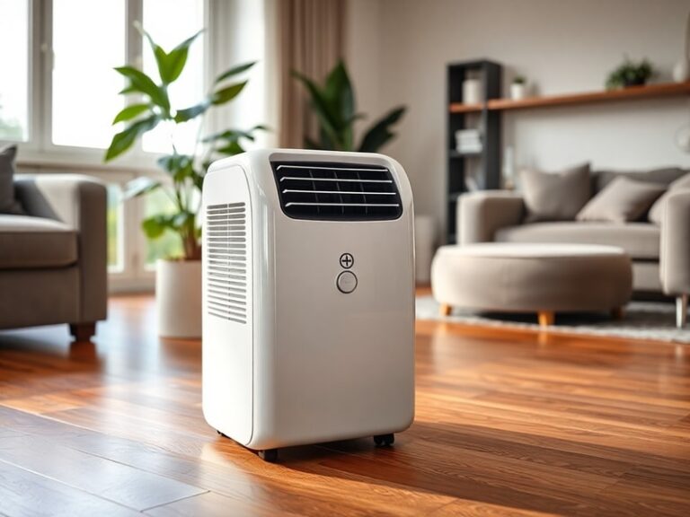 A compact Lidl Silvercrest portable air conditioning unit placed in a small bedroom, with its exhaust hose vented through a w