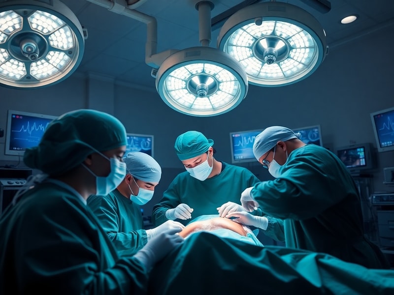 A modern operating room with robotic surgical equipment, surgeons in sterile gear, and a patient on the table, bathed in brig