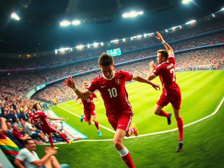 A dynamic action shot of a World Cup match featuring diverse players in national kits, with stadium lights illuminating the f