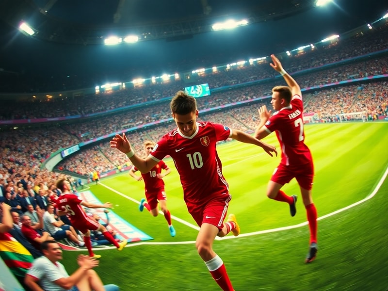A dynamic action shot of a World Cup match featuring diverse players in national kits, with stadium lights illuminating the f