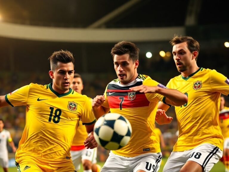 A vibrant stadium scene featuring Ecuador and Germany players mid-match, with Ecuador in light blue jerseys attacking and Ger