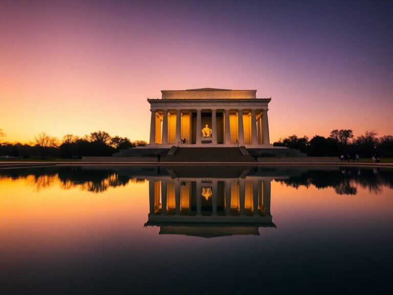 A daytime view of the Lincoln Memorial Reflecting Pool with the Washington Monument in the background, calm water reflecting