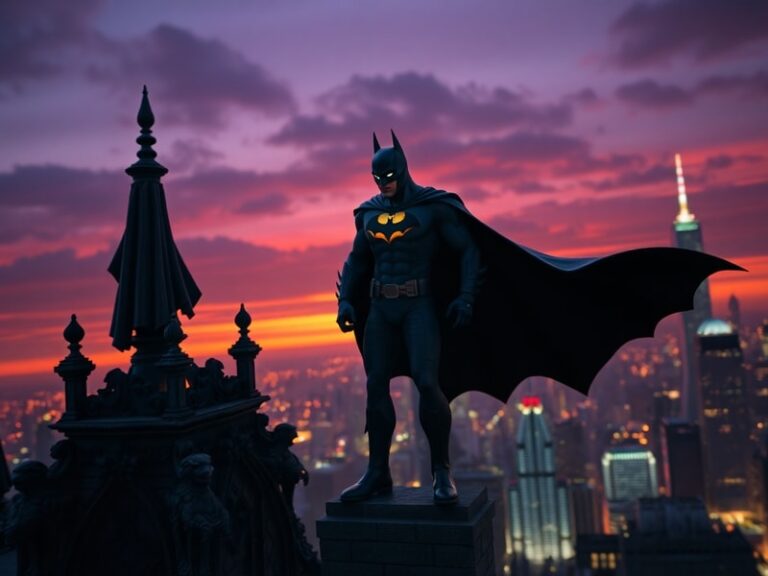A moody, art deco-inspired illustration of Batman standing on a Gotham rooftop at night, with the Joker’s grinning silhouette