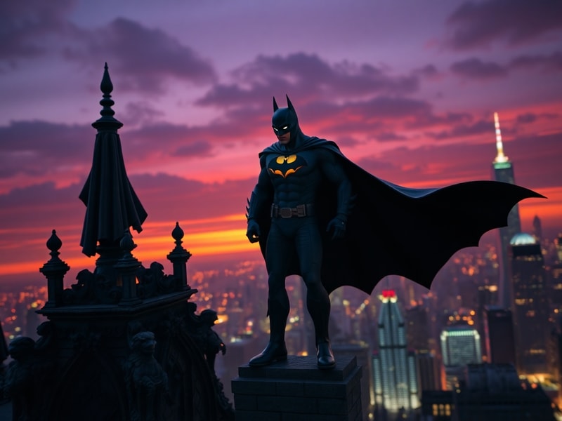 A moody, art deco-inspired illustration of Batman standing on a Gotham rooftop at night, with the Joker’s grinning silhouette