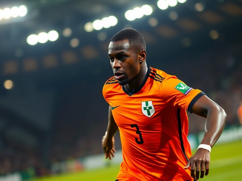 Nicolas Pépé in action wearing Ivory Coast national team colors, dribbling past a defender in a packed stadium, with vibrant
