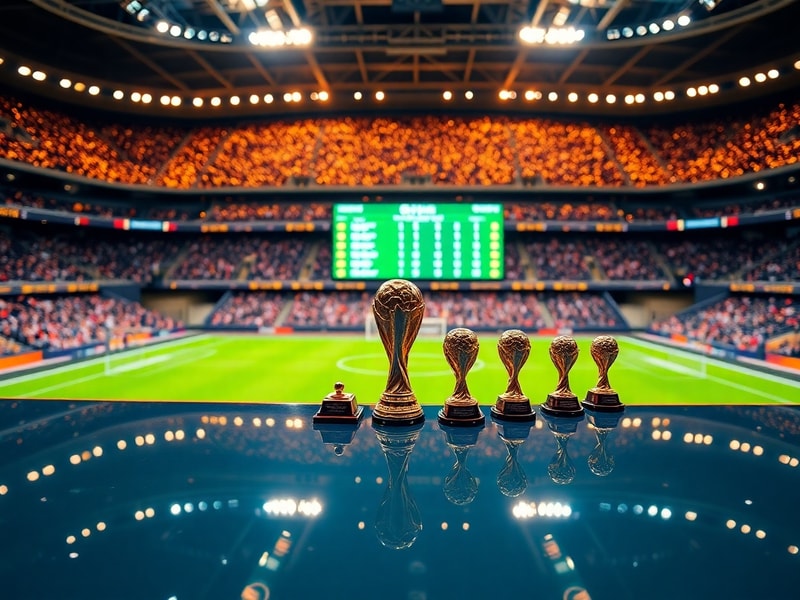 A vibrant stadium crowd erupts as a team scores, with the World Cup table projected on giant screens, highlighting team ranki