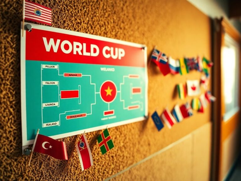 A vibrant digital illustration of a World Cup bracket with highlighted matchups, team logos, and dramatic lighting to emphasi