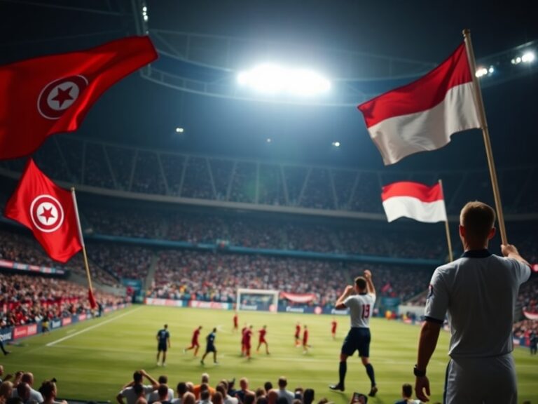 A vibrant action shot from the Tunisia vs Netherlands match at the 2022 FIFA World Cup in Qatar, showing players in mid-play