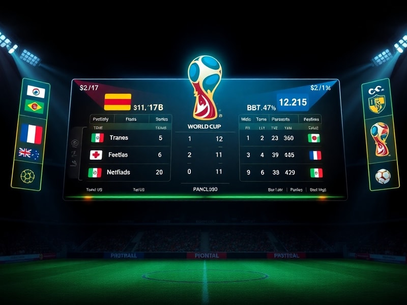 A vibrant stadium filled with diverse fans cheering during a World Cup match, with a scoreboard in the background showing tea