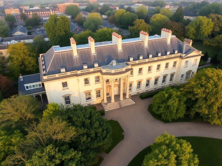 Exterior view of Clarence House during summer, showing its cream-colored stucco façade, tall windows, and manicured garden wi