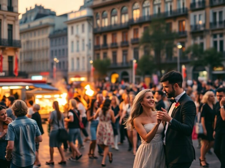 A diverse crowd at a bustling outdoor music festival under twilight, with stage lights illuminating the scene, people dancing
