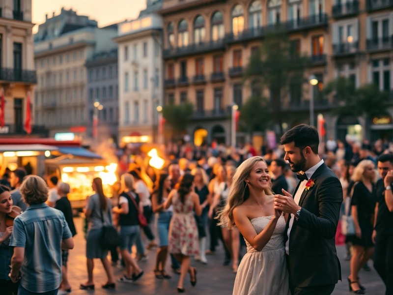 A diverse crowd at a bustling outdoor music festival under twilight, with stage lights illuminating the scene, people dancing