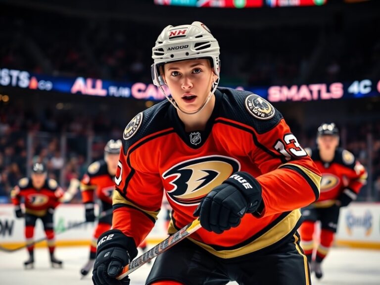 A focused action shot of Mason McTavish during an Anaheim Ducks game, mid-shift with intense expression, wearing his white an