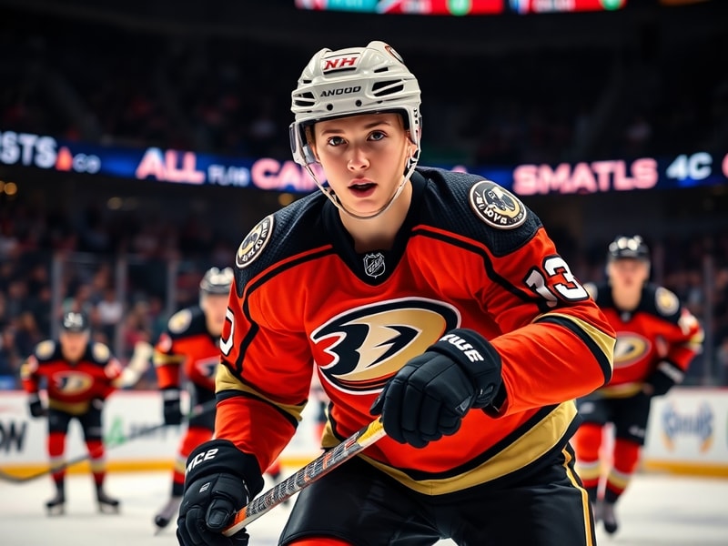 A focused action shot of Mason McTavish during an Anaheim Ducks game, mid-shift with intense expression, wearing his white an