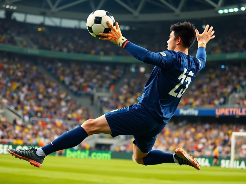 A goalkeeper in a J.League kit diving to make a save during a match, surrounded by teammates and opponents in motion, with a