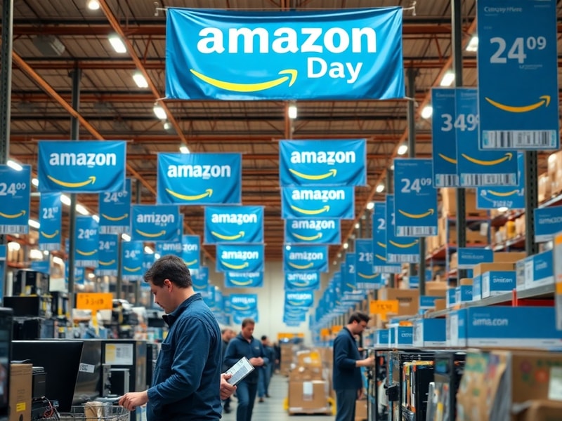 A split-screen image showing a clock ticking down to midnight with Amazon Prime boxes and sale tags floating around, set agai