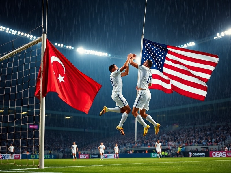 A split-image illustration showing the U.S. and Turkish flags side by side, with a map of the Eastern Mediterranean and Middl