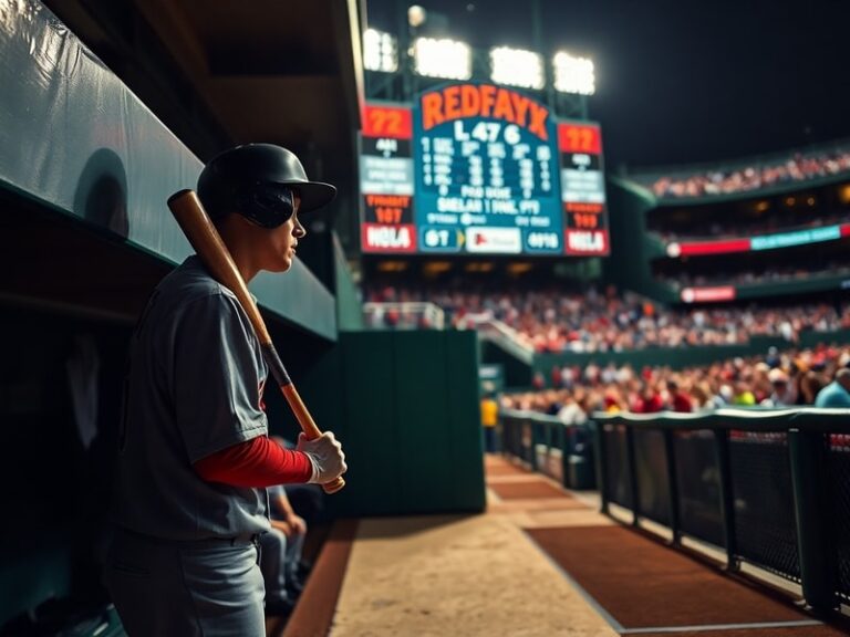 A vibrant shot of Fenway Park at dusk, with the Green Monster glowing under stadium lights, players warming up on the field,