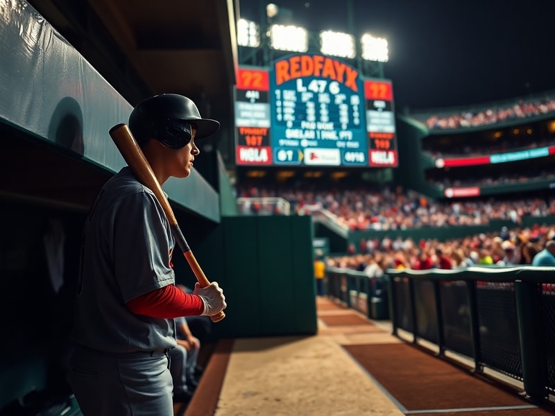 A vibrant shot of Fenway Park at dusk, with the Green Monster glowing under stadium lights, players warming up on the field,
