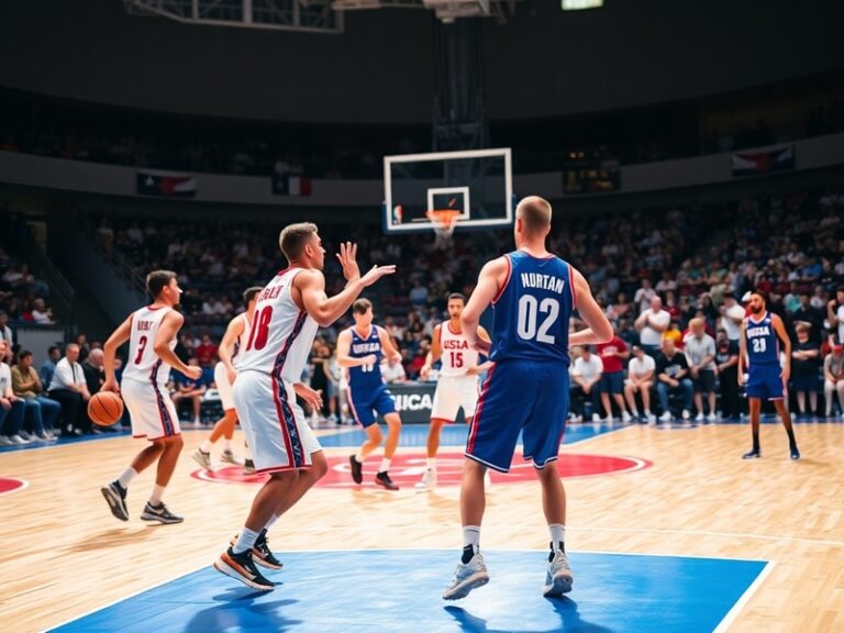 A split-court image showing a high-energy FIBA World Cup game between Team USA and Türkiye, with Turkish players in blue and