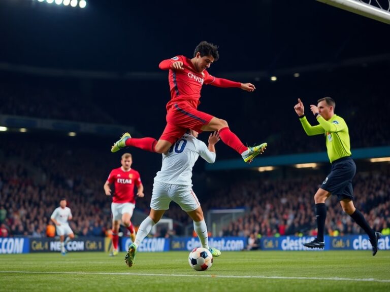 A dynamic soccer scene with a referee signaling offside, players in motion, and a VAR monitor in the background, highlighting