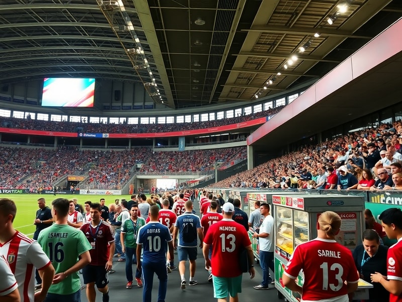 A split-image showing a packed World Cup stadium during halftime: one side shows players receiving medical attention in the l