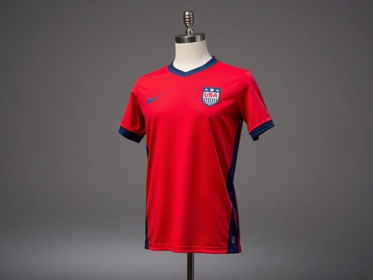 A dynamic studio shot of the U.S. Men’s National Team 2026 World Cup jersey displayed on a mannequin, featuring the navy-to-r