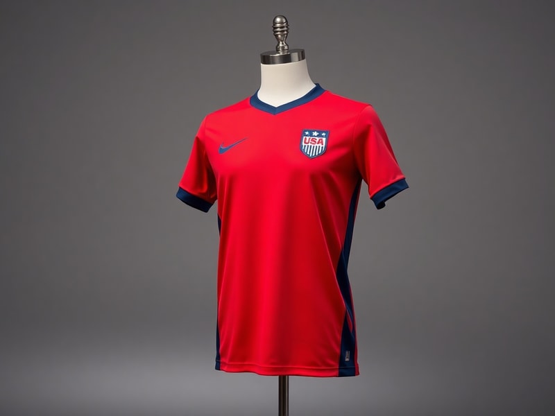 A dynamic studio shot of the U.S. Men’s National Team 2026 World Cup jersey displayed on a mannequin, featuring the navy-to-r