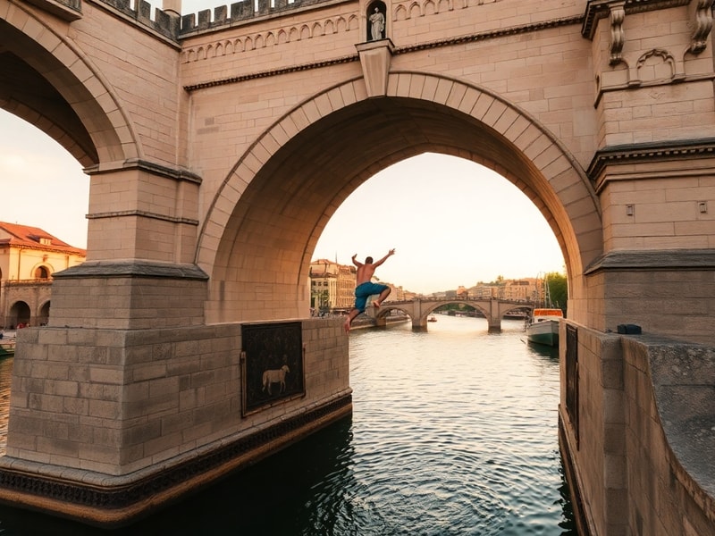 A panoramic view of Mostar’s Stari Most bridge spanning the Neretva River at sunset, with the Old Town’s Ottoman-era minarets