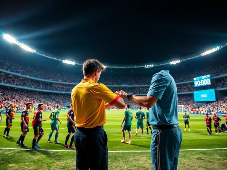 A soccer stadium at night during a World Cup match, showing players on the field, VAR screens broadcasting replays, and fans