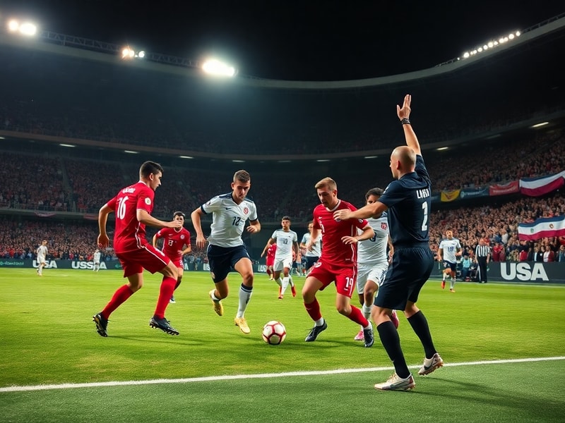 A dynamic mid-match scene with Turkish and American players in action, wearing national kits, under stadium lights with a mix