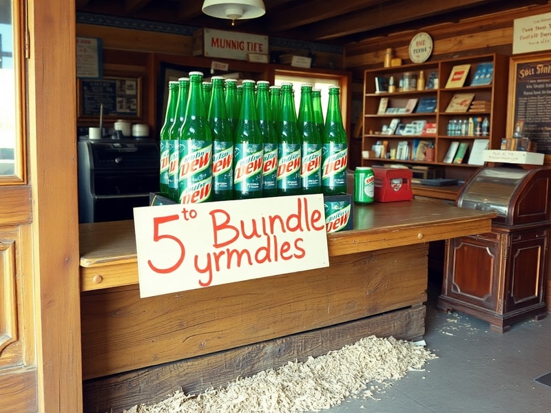 A well-lit display of three unopened Mountain Dew 5-cent bundles from the late 1990s, showcasing faded red and blue cardboard